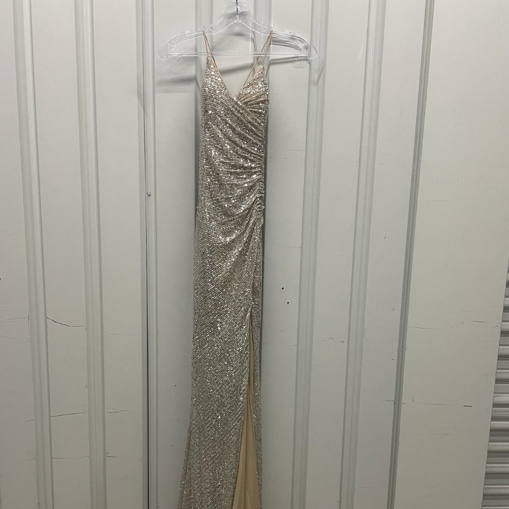 High Quality sequin, full length, with stretch and a thigh high opening